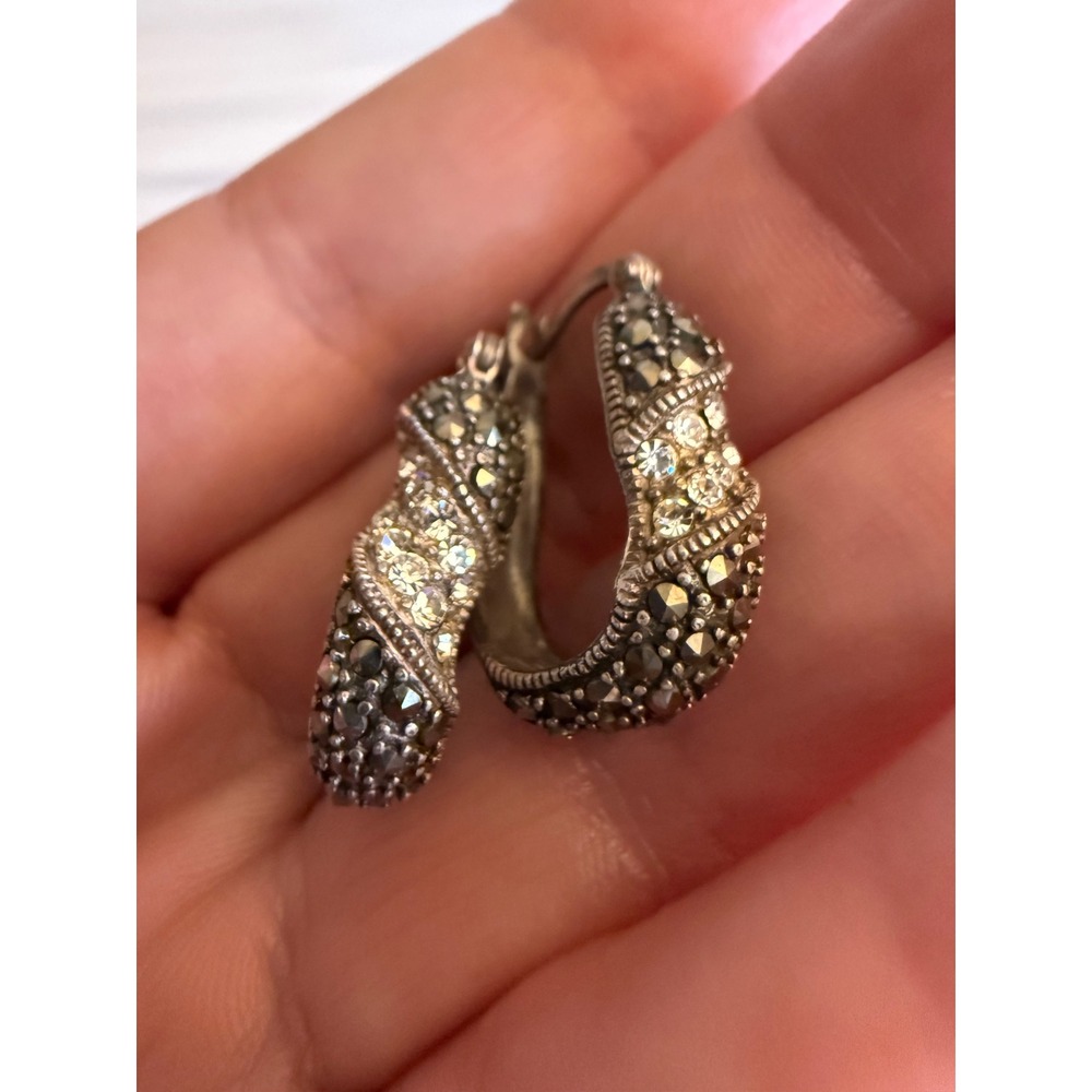 Vintage Marcasite Earrings Sterling Silver 925 Crystal Huggie Hoop A Thailand